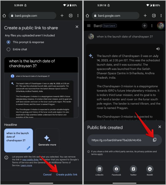 Crear enlace público en Google Bard