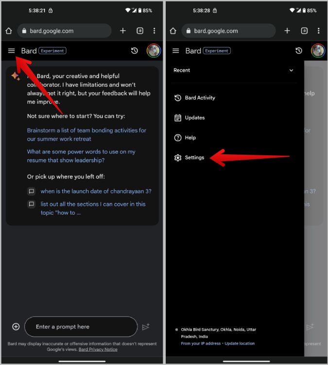 Apertura de la configuración en Google Bard Mobile