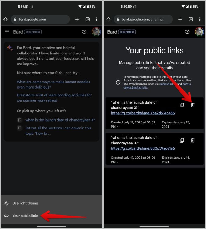 Eliminar el enlace público de Google Bard