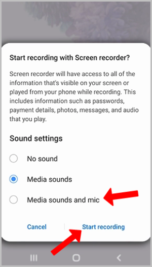 Seleccione Configuración de sonido en Samsung Screen Recorder