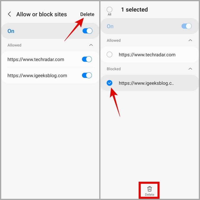 Eliminar sitios web de la lista de notificaciones del navegador de Internet Samsung