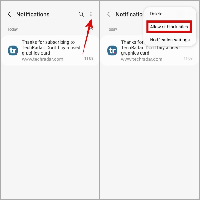 Permitir o bloquear las notificaciones del sitio web en el navegador de Internet Samsung