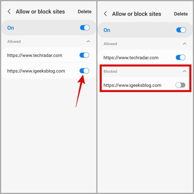 Notificación de bloque del navegador de Internet Samsung