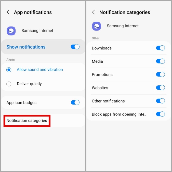 Categorías de notificación para el navegador de Internet Samsung