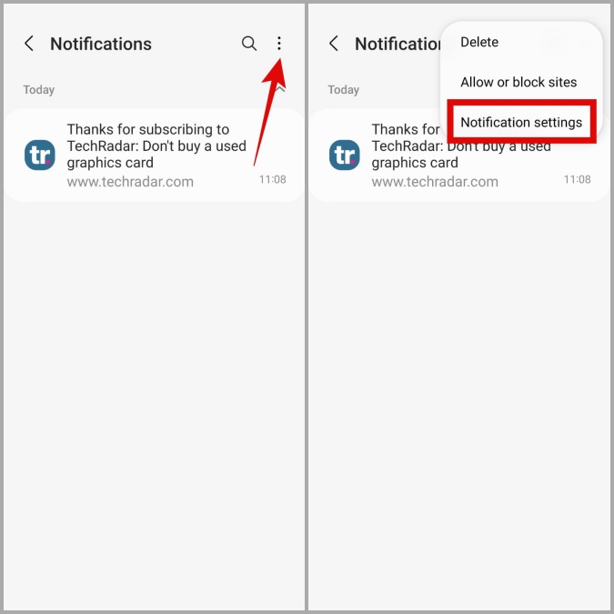 Configuración de notificación para el navegador de Internet Samsung