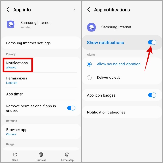 Deshabilitar notificaciones para el navegador de Internet Samsung