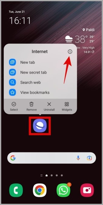 Abra la información de la aplicación de Internet de Samsung