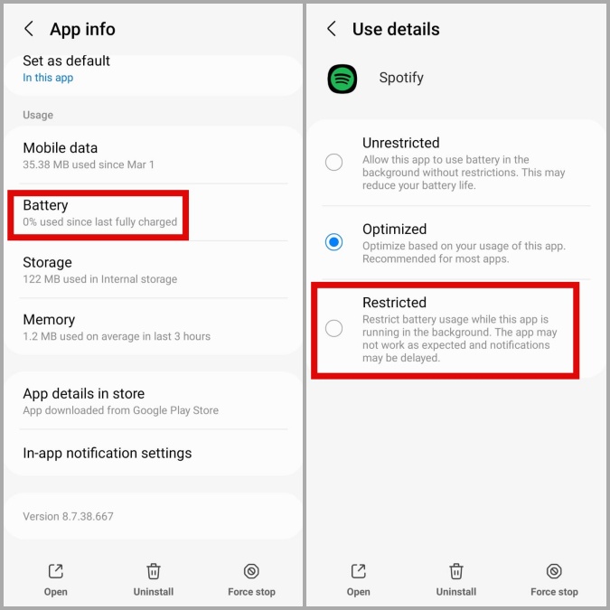 Restringir el uso de la batería de la aplicación en el teléfono Android