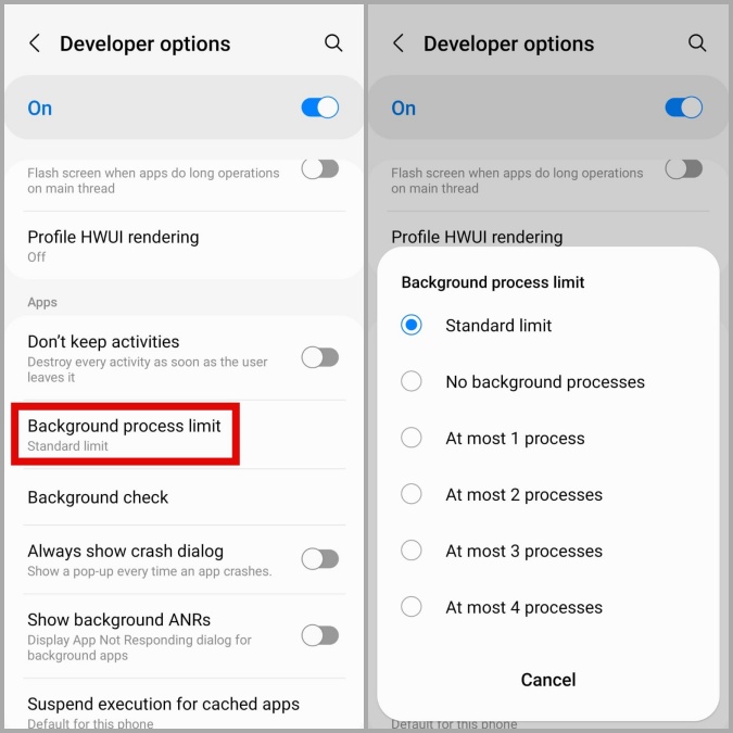 Establezca el límite de proceso de fondo en el teléfono Android