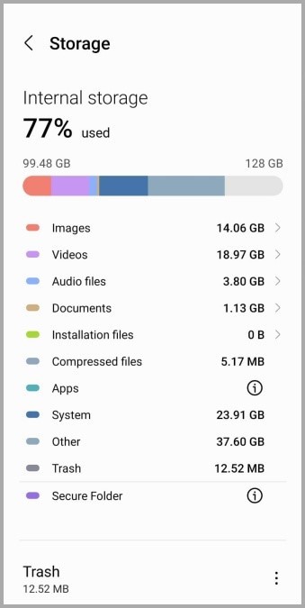Estado de almacenamiento del teléfono Android