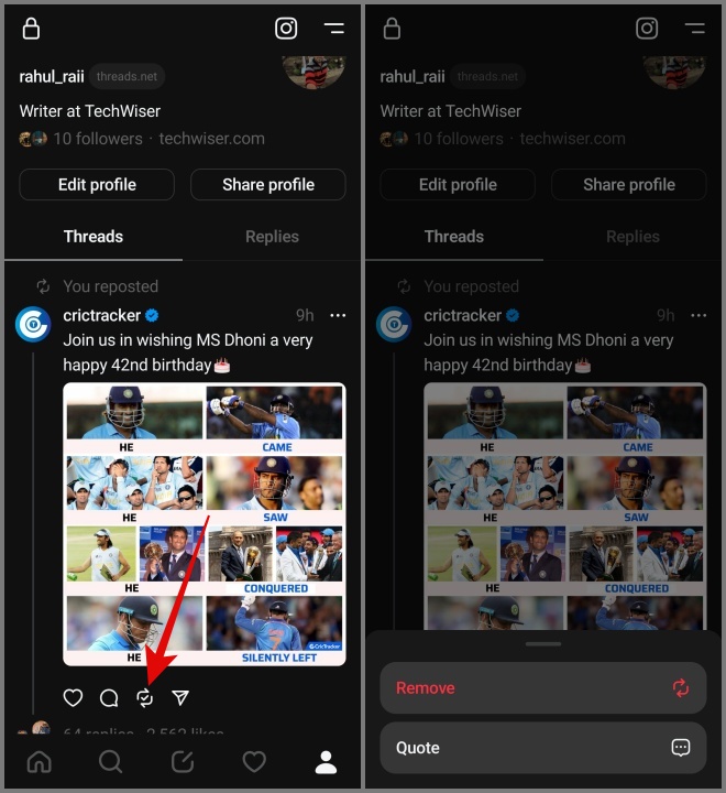 Icono de repost con firma de tick en hilos