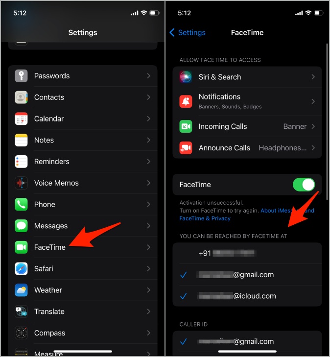 Número de facetime y selección de identificación de correo electrónico