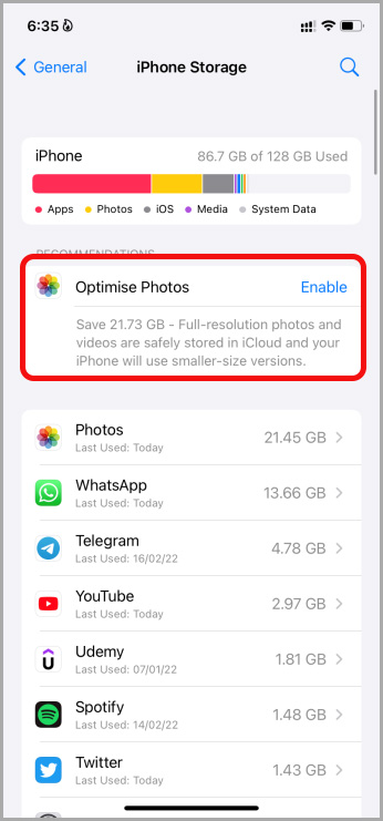 Optimizar el almacenamiento en iPhone