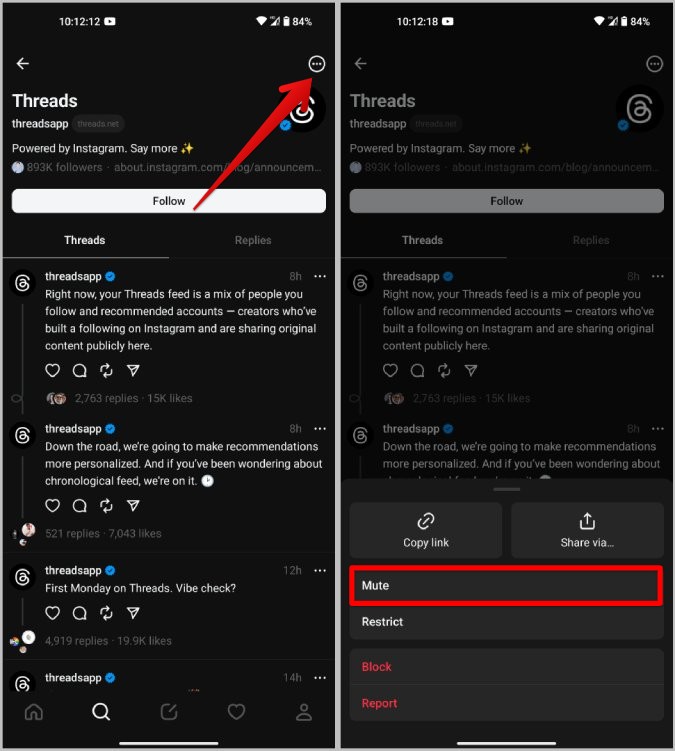 Silenciamiento del usuario en el perfil de hilos
