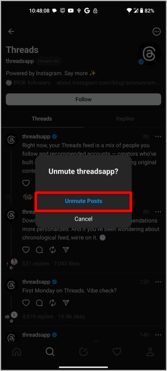 Perfil desmoronado en la aplicación Threads