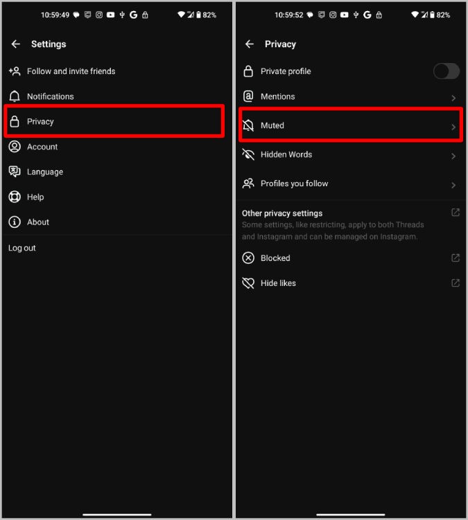 Configuración mute en la aplicación Threads