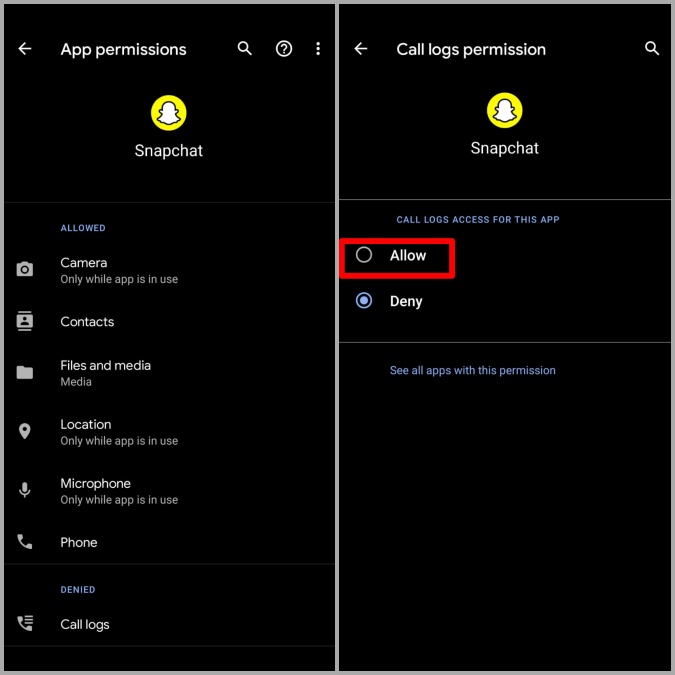 Permitir permisos de Snapchat en Android
