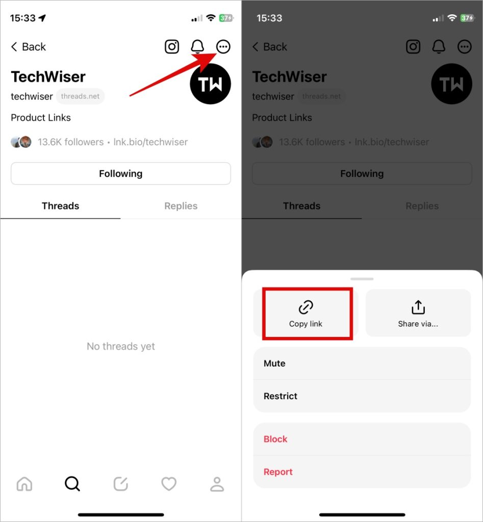 Copiar enlace de perfil en hilos