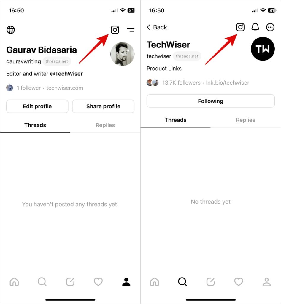 Encuentra el enlace de perfil de Instagram en hilos