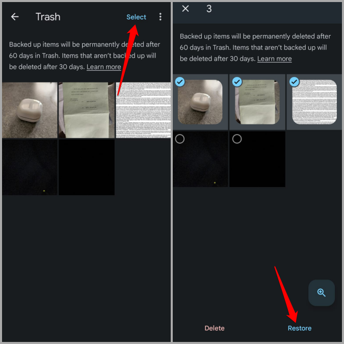 Restaurar múltiples fotos eliminadas en la aplicación Google Photos