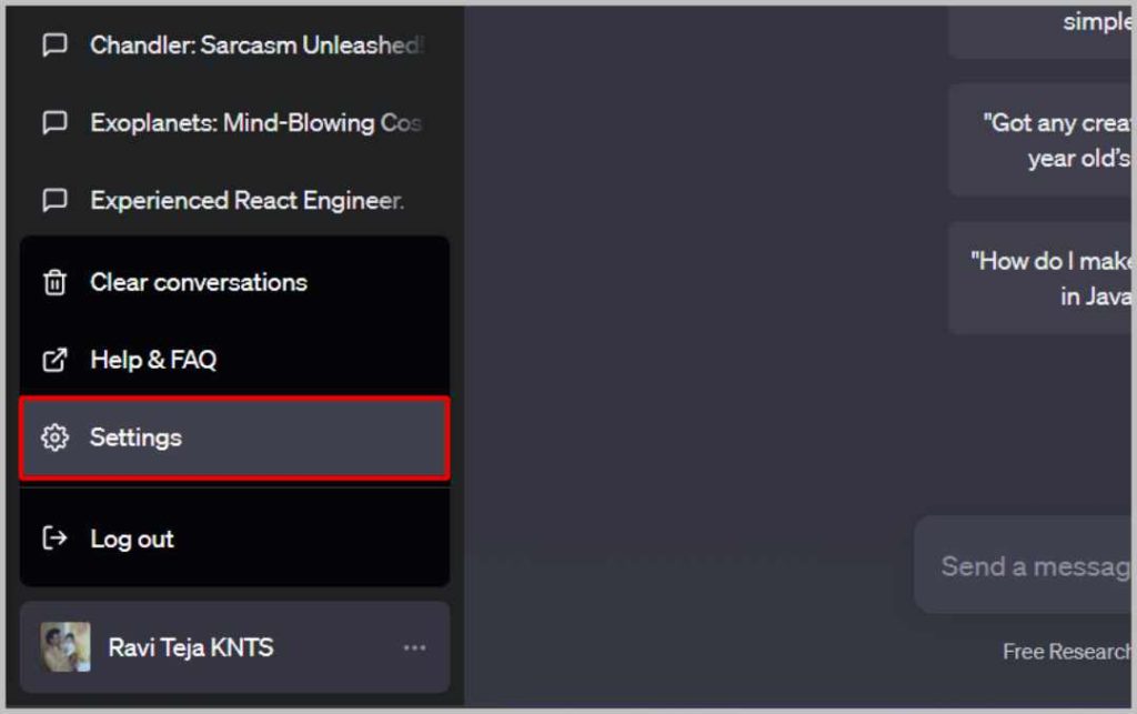 Apertura de la configuración en chatgpt