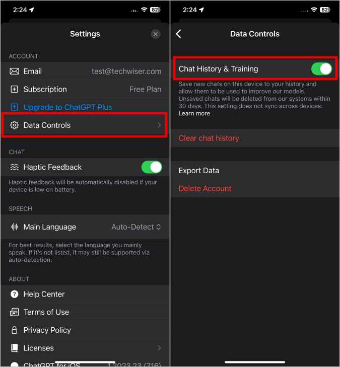 Desactivar el historial de chat y la capacitación en la aplicación Chatgpt iOS