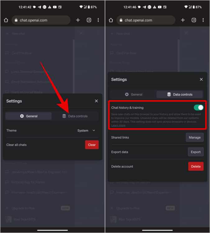 Desactivar el historial de chat y la capacitación en chatgpt mobile