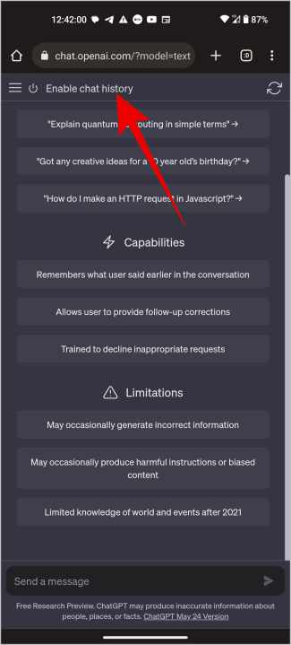 Habilitando el historial de chat en chatgpt mobile