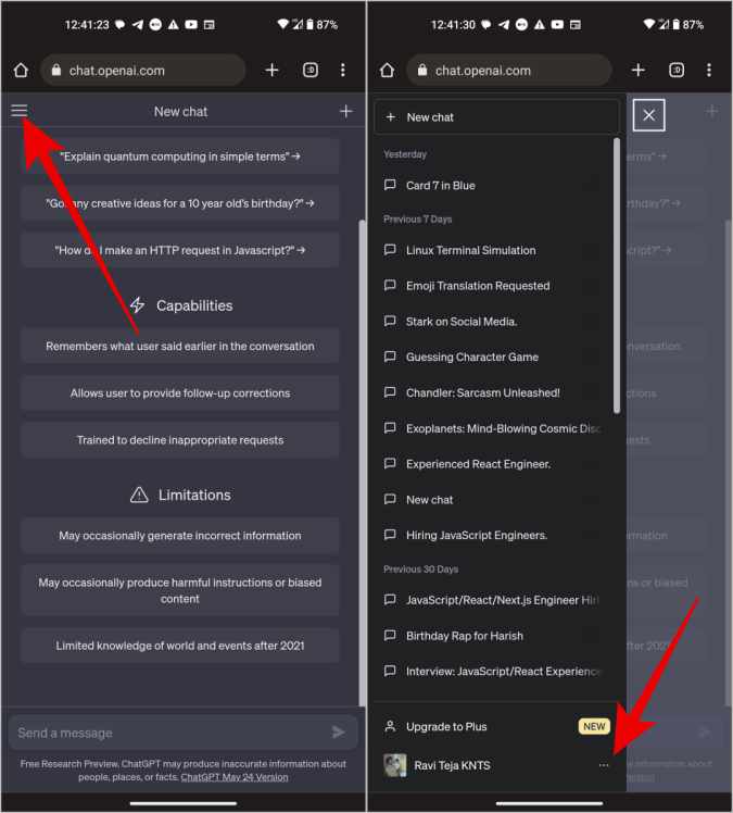 Apertura del menú en chatgpt mobile