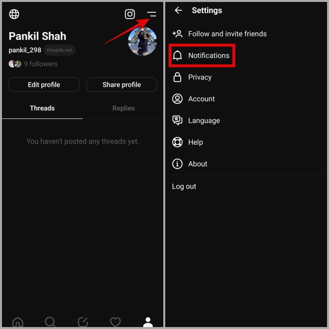 Configuración de notificación en la aplicación Threads en Android o iPhone