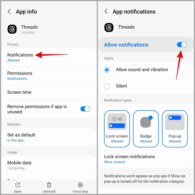Desactivar las notificaciones de la aplicación de hilos en Android