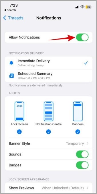 Desactivar las notificaciones de la aplicación de hilos en iPhone