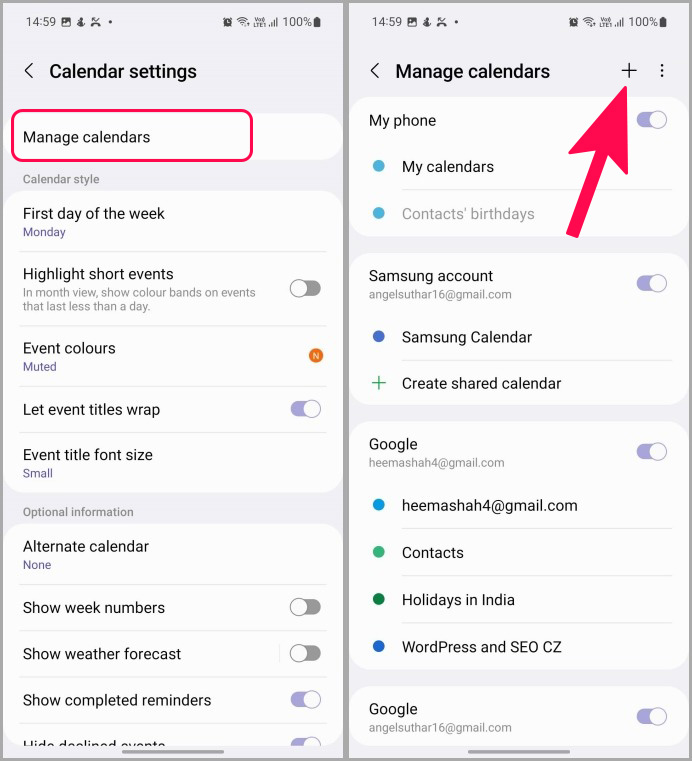 Administrar la opción de calendario en el calendario Samsung