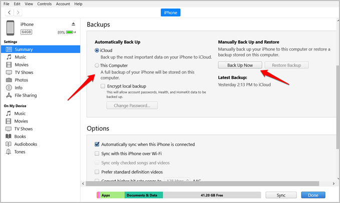 Opciones de respaldo de iTunes en Windows 11