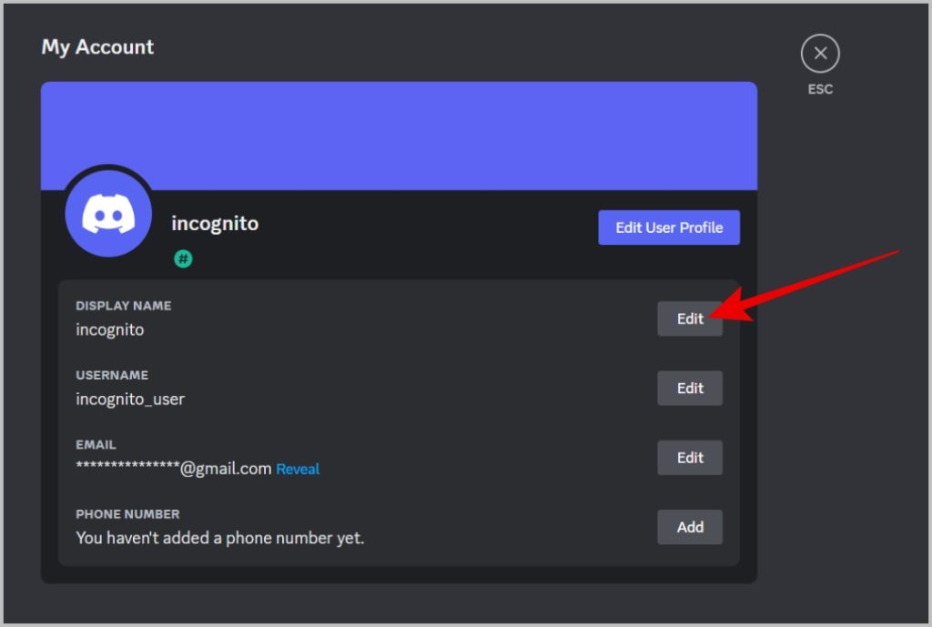 Nombre de la pantalla de edición en Discord