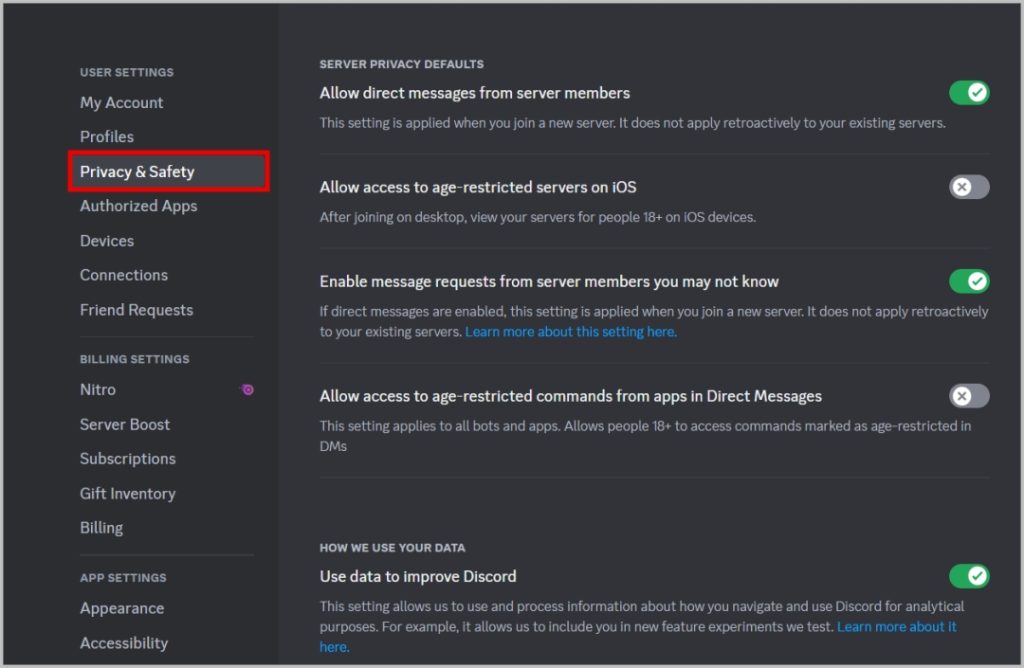 Opciones de privacidad y seguridad en Discord