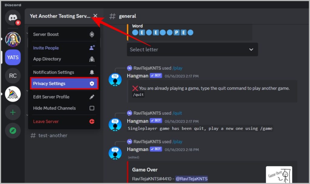 Abrir la configuración de privacidad de un servidor en Discord
