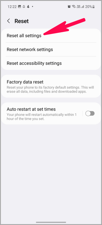 Configuración de reinicio en Samsung