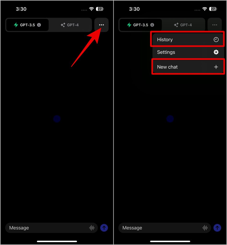 Apertura de la historia y el nuevo chat en la aplicación Chatgpt