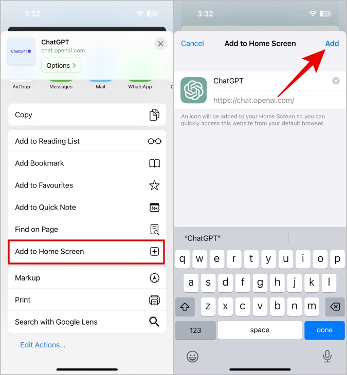Agregar el sitio web de Chatgpt a la página de inicio en iPhone