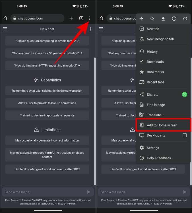 Agregar el sitio web de ChatGPT a la página de inicio en Android