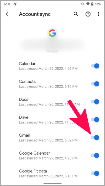 Opción de sincronización de cuenta de Gmail en Gmail