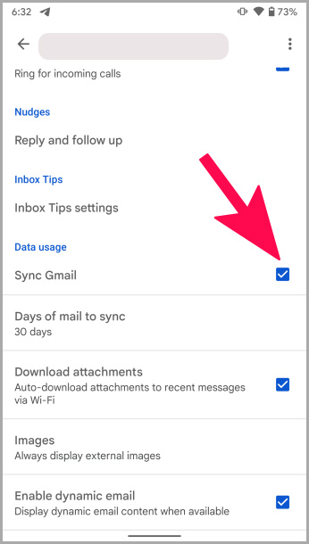 Taggle de sincronización de la cuenta de Gmail