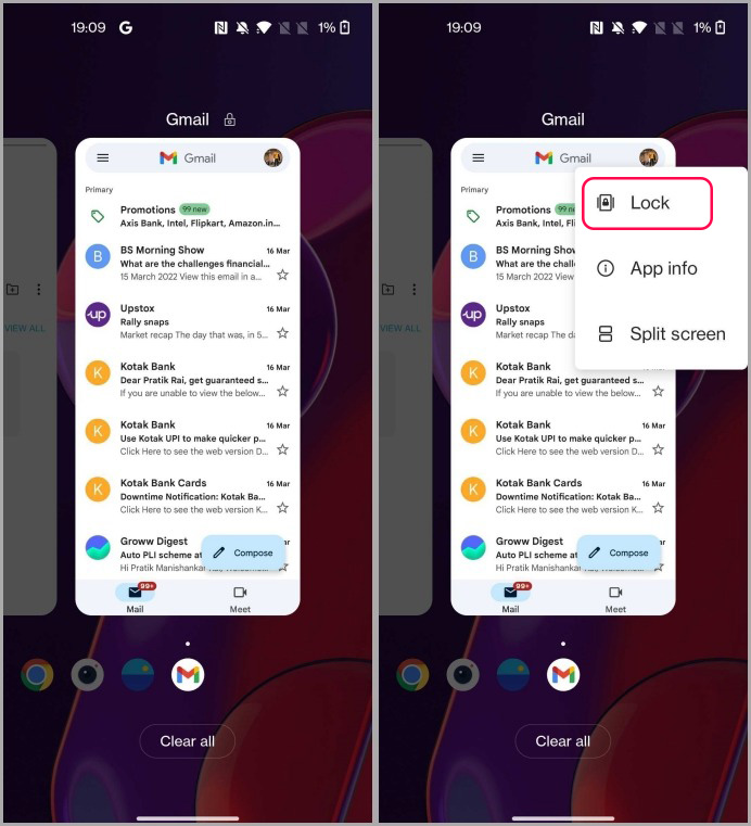 Lock Gmail App App Recents Menú