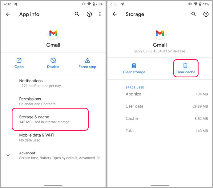 Claro de la aplicación de aplicación Gmail en Android