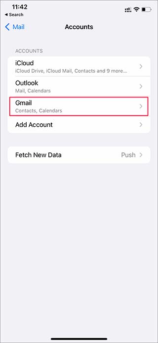 Seleccione Gmail en cuentas de correo