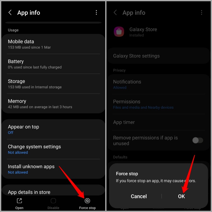 Force Stop Galaxy Store en el teléfono Samsung