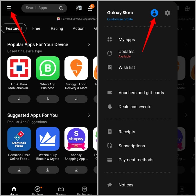 Abra el perfil de la tienda Galaxy en el teléfono Samsung