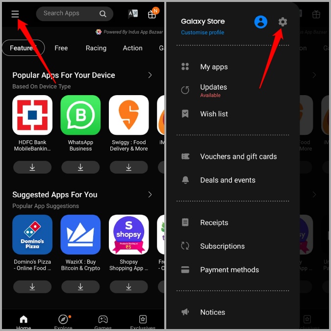 Abra la configuración de la tienda Galaxy en el teléfono Samsung