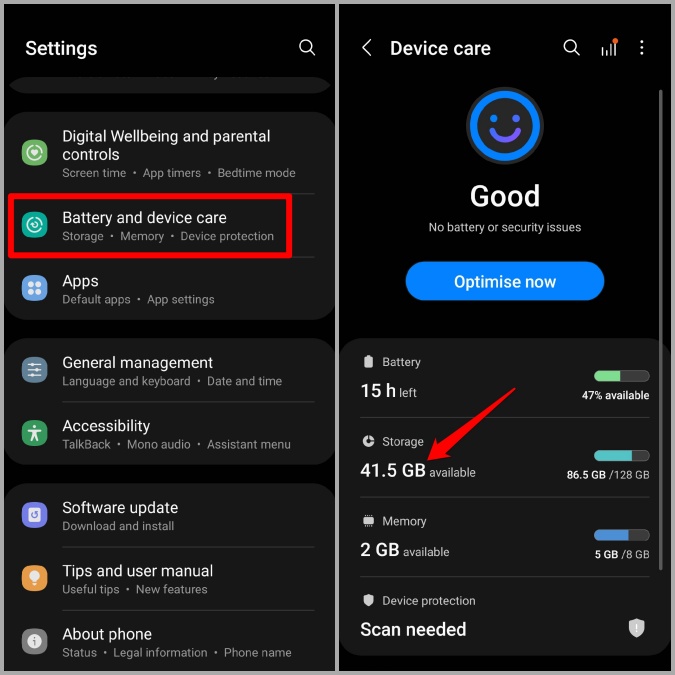 Verifique el espacio de almacenamiento en el teléfono Samsung